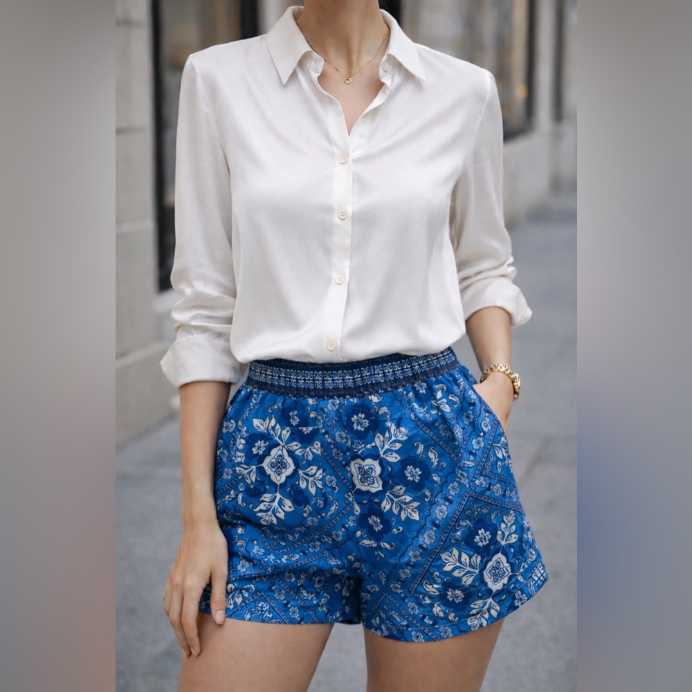Johnny Was Blue and White Floral High Waist Shorts